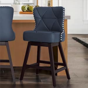 Hampton 26 in. Navy Blue Solid Wood Frame Counter Stool with Back Faux Leather Upholstered Swivel Bar Stool Set of 1