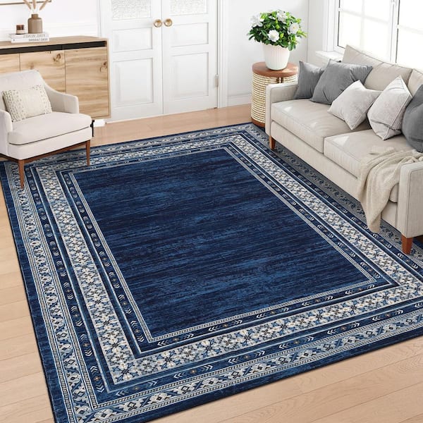 Bordered Navy Blue 10 ft. x 13 ft. NonSlip Soft Carpet for Bedroom DiningRoom Entryway and Living Room Washable Area Rug