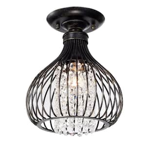 Clara 9 in. 1-Light Glam Antique Bronze Metal Semi-Flush Mount with Black Cage and Hanging Crystals