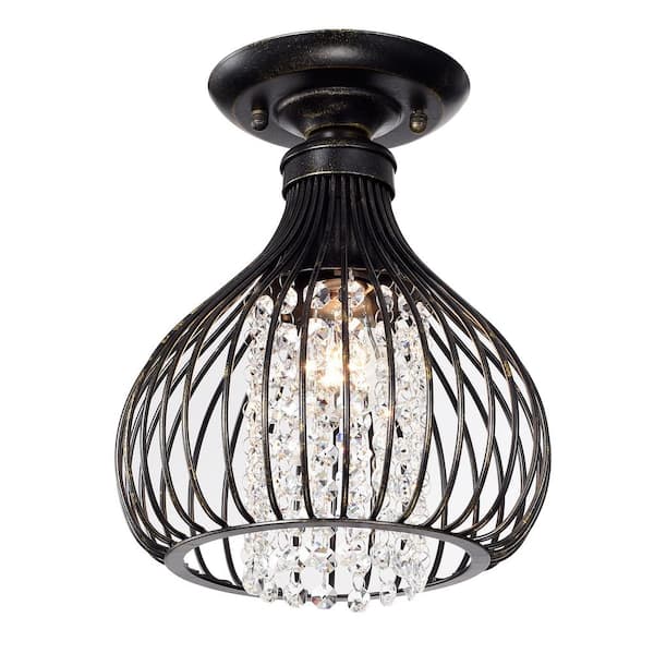 Edvivi Clara 9 in. 1-Light Glam Antique Bronze Metal Semi-Flush Mount with Black Cage and Hanging Crystals