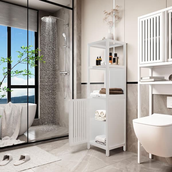 14.09 in. W x 12.99 in. D x 52 in. H White Bamboo Freestanding Linen Cabinet with Concealed Hinges