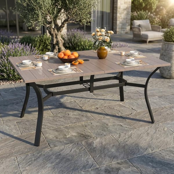 WOQWOQ 63 in Natural Metal Outdoor Dining Table with Umbrella Hole