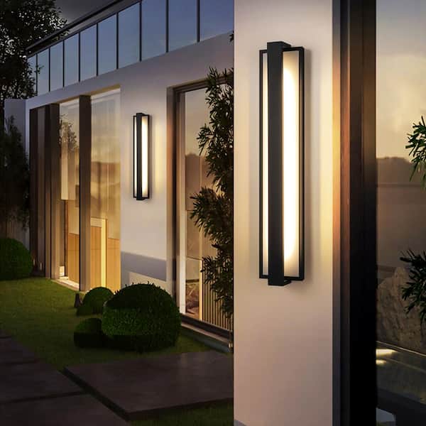 Amzie 24 in. Modern Black&White Rectangular Integrated LED Outdoor Hardwired Wall Lantern Scone Patio Light