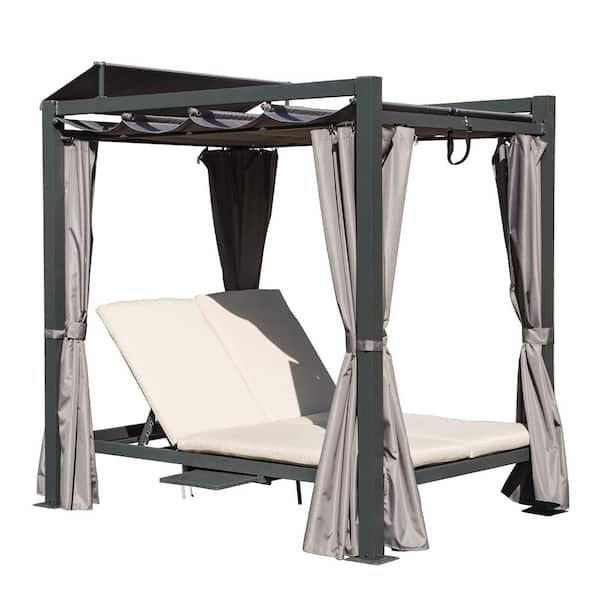 5 ft. W x 5 ft. D Aluminum Pergola with Double Chaise Lounge and Retractable Canopy