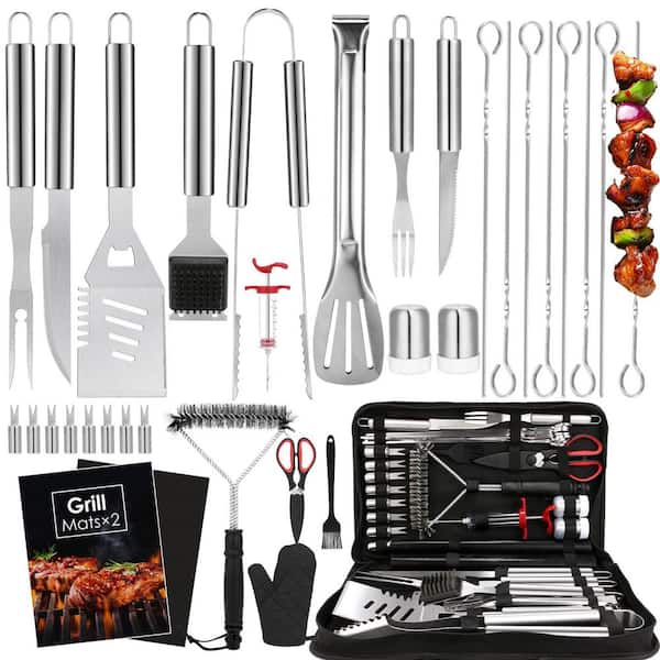 34-Piece BBQ Grilling Accessories Set, Stainless Steel Barbecue Utensils Kit with Mats and Glove in Carrying Bag, Silver