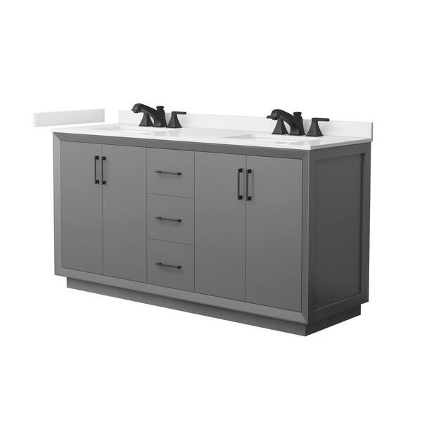 Wyndham Collection Strada 66 in. W x 22 in. D x 35 in. H Double Bath Vanity in Dark Gray with White Quartz Top