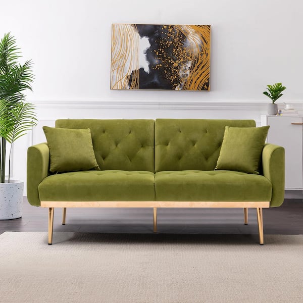 Homefun 63 77 In Wide Olive Green Velvet Upholstered 2 Seater Convertible Sofa Bed With Golden Metal Legs
