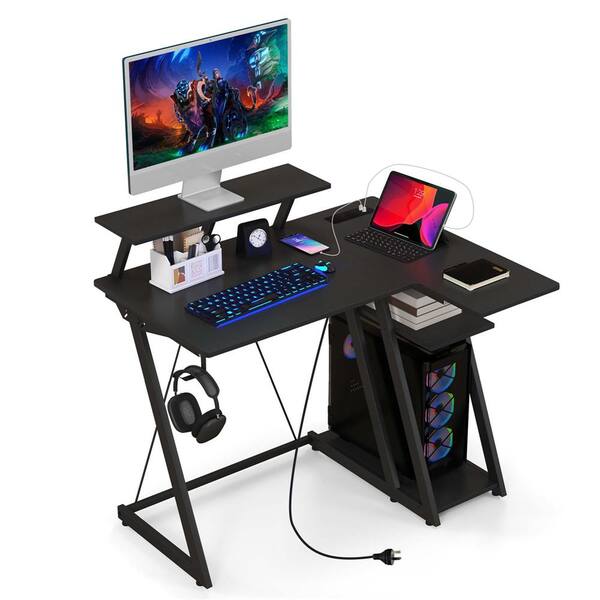 Costway 42.5 in. L-Shaped Black Wood Desk with Outlets and USB Ports Monitor Shelf Headphone Hook