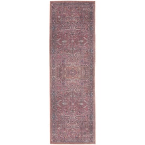 Blue and Red 2 ft. x 8 ft. Floral Power Loom Distressed Washable Runner Rug