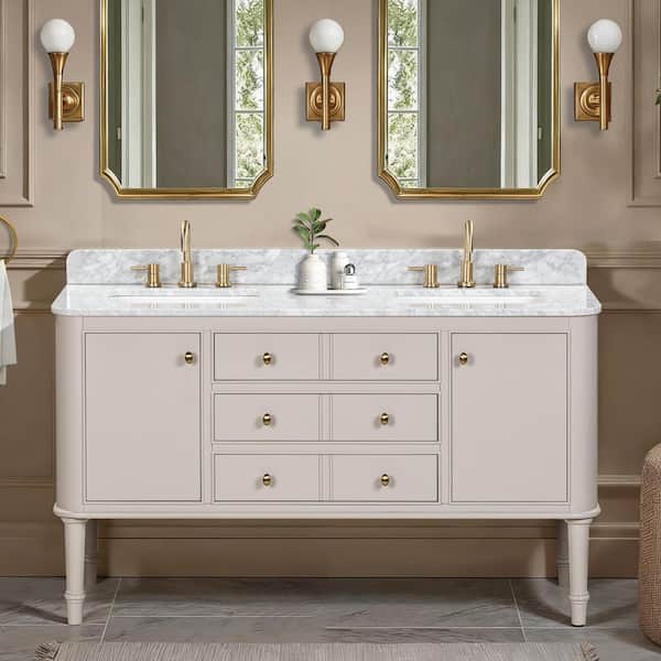 Collette 60 in. Double Sink Greige Bath Vanity with White Carrara Marble Top (Assembled)