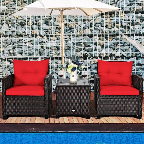 3-Pieces Wicker Rattan Patio Conversation Set with Red Cushion