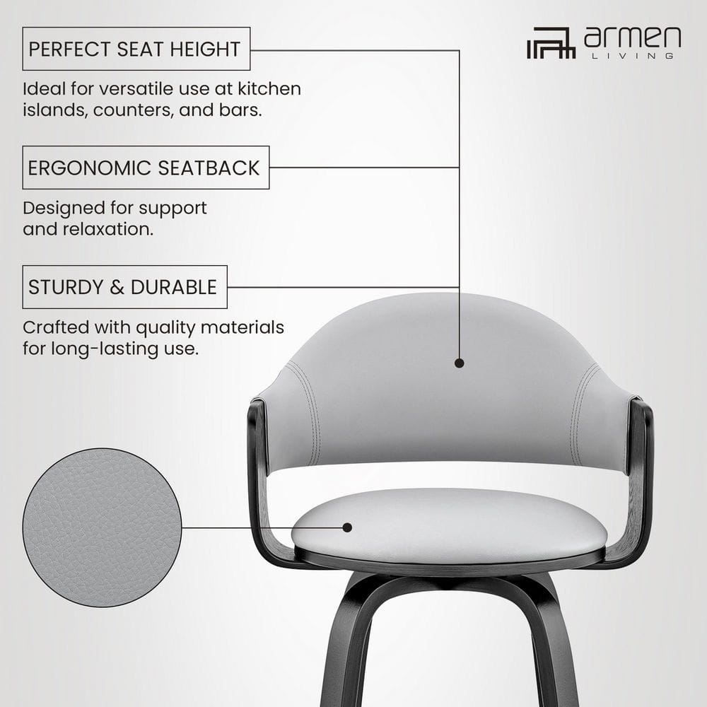 Gray Faux Leather and Black Wood Swivel Bar Stool