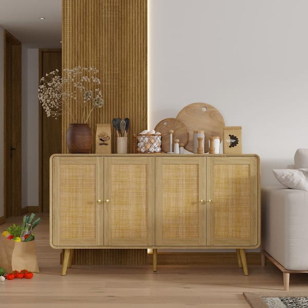FUFU&GAGA Yellow 55.1 in. W Bedroom Low Bedside Dresser Cabinet with no Drawer, 8 Shelves and 4 Rattan Weaving Surface Doors