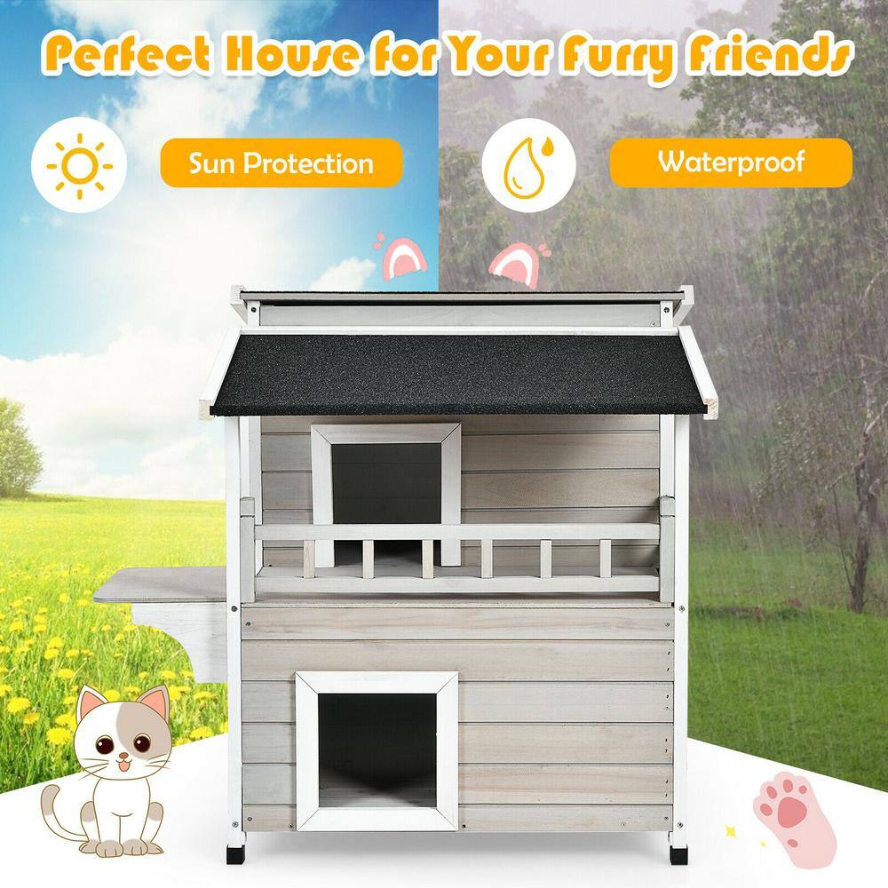 Gray and White 2-Story Wooden Outdoor Cat House with Balcony