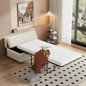 Classic White 46 in. W Folding Ottoman, Convertible Chenille Twin Size Sofa Bed Sleeper Bed with Mattress