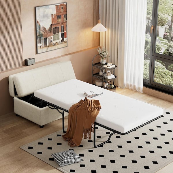 Classic White 46 in. W Folding Ottoman, Convertible Chenille Twin Size Sofa Bed Sleeper Bed with Mattress