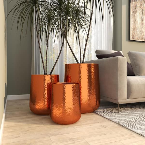 Litton Lane 13 in., 16 in., and 21 in. Medium Copper Aluminum Indoor  Outdoor Planter with Hammered Details (3- Pack) 49684 - The Home Depot