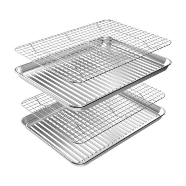 Stainless Steel Silver Baking Sheet with Cooling Rack 4-Pack for Baking, Cooling, Roasting and Grilling