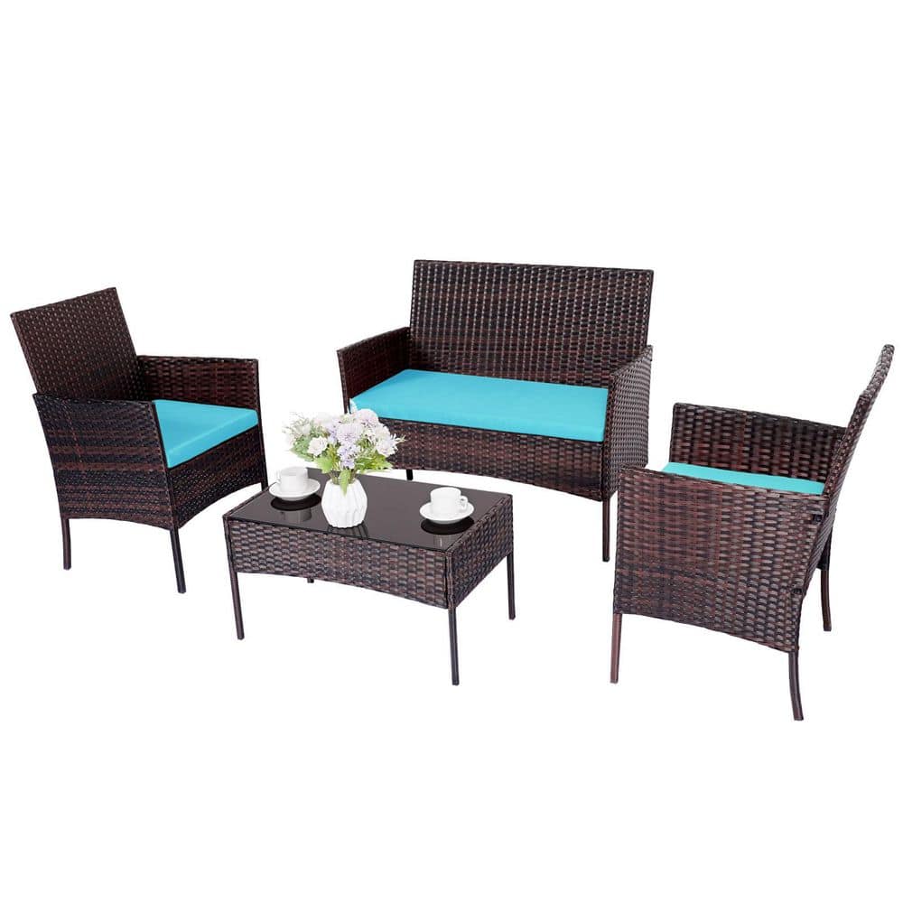 Brown 4-Piece All-Weather Wicker Patio Conversation Set with Blue Cushion and Coffee Table for Garden Backyard Poolside price history on PriceWatchPro