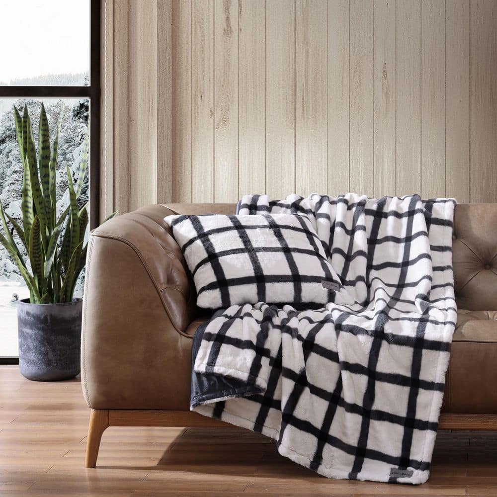 Gray and White Faux Fur Reversible Throw Blanket Set