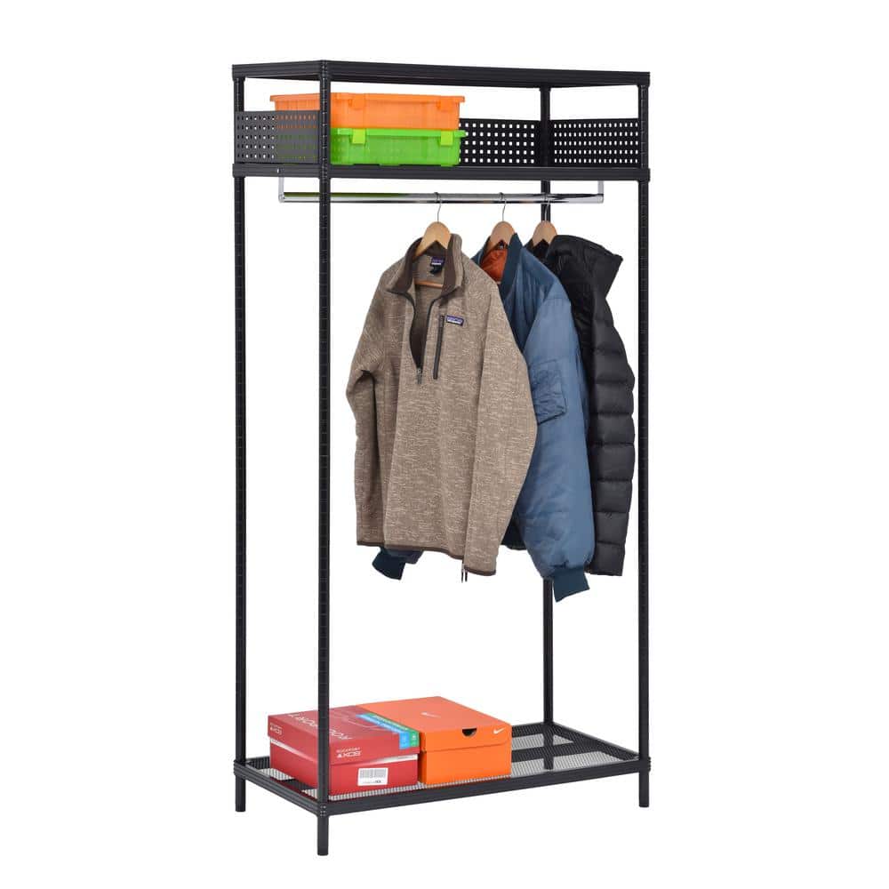 Black Steel Wire Mesh Garment Rack with Ledge