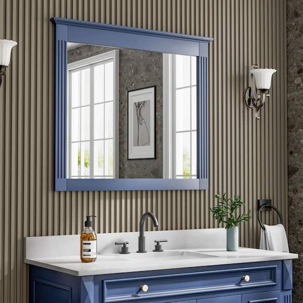 38 in. W x 33 in. H Rectangular Framed Wall Mounted Waterproof Solid Wood Bathroom Vanity Mirror in Navy Blue,Easy Hang