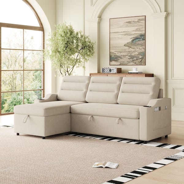 Modern 83.5 in. Beige Fabric Twin Size Sofa Bed with Storage and Cup Holder