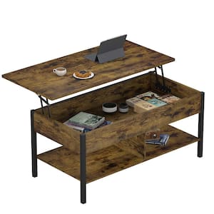 41 .7 in. Brown Rectangle MDF Wood Lift Top Coffee Table with Hidden Storage and Dual Open Shelves