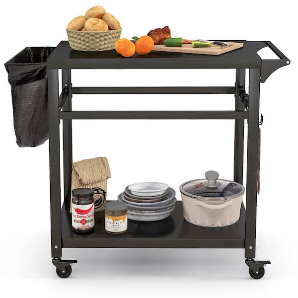Outdoor Grill Cart Pizza Oven Stand w/ Shelf Hooks Lockable Wheels Side Handle