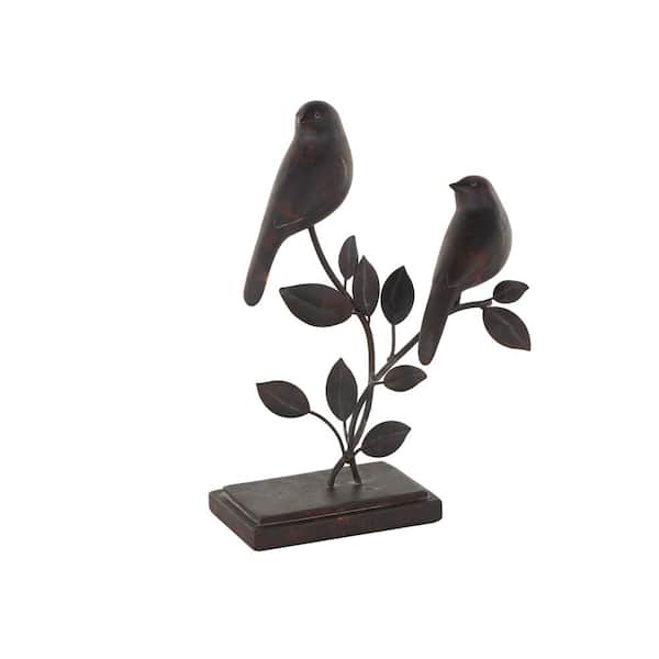 Litton Lane 8 in. x 10 in. Black Polystone Perching Bird Sculpture with Leaf Vines and Copper Shading