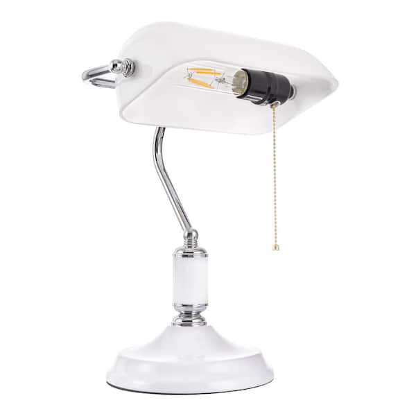 15 in. White Traditional Task and Reading Banker Desk Lamp with Pull Chain and Glass Shade for Bedroom or Living Room