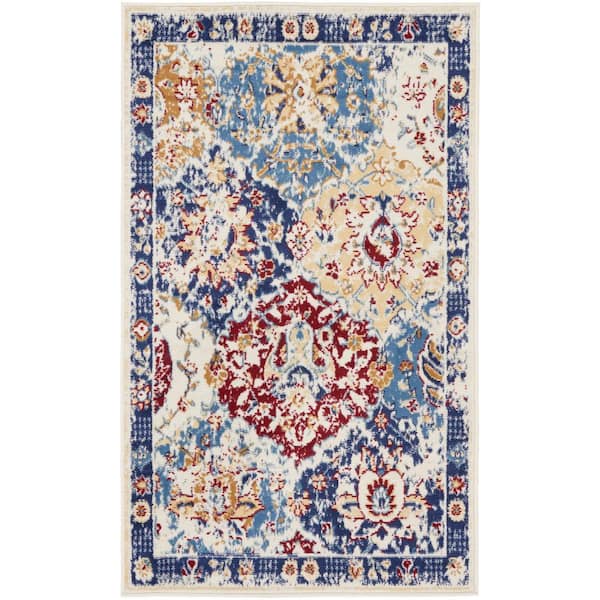 Nourison Grafix Blue Multicolor 3 ft. x 5 ft. Medallion Traditional Area Rug