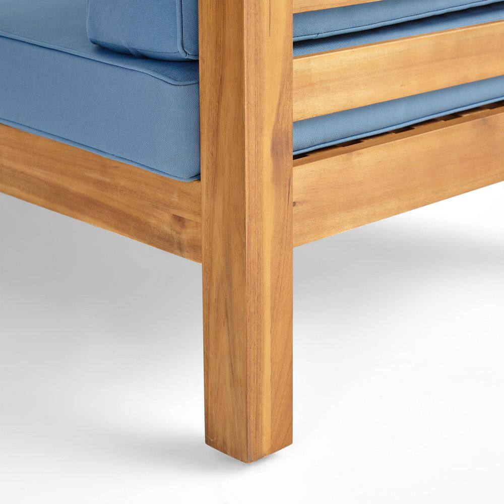Louise Teak Finish Acacia Wood Club Chair with Blue Cushions