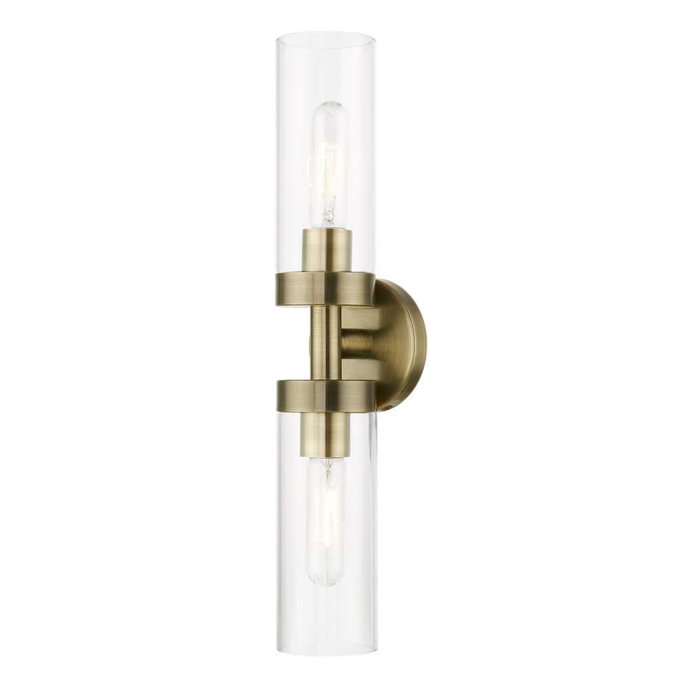 Antique Brass 2-Light Vanity Sconce with Clear Glass Shades