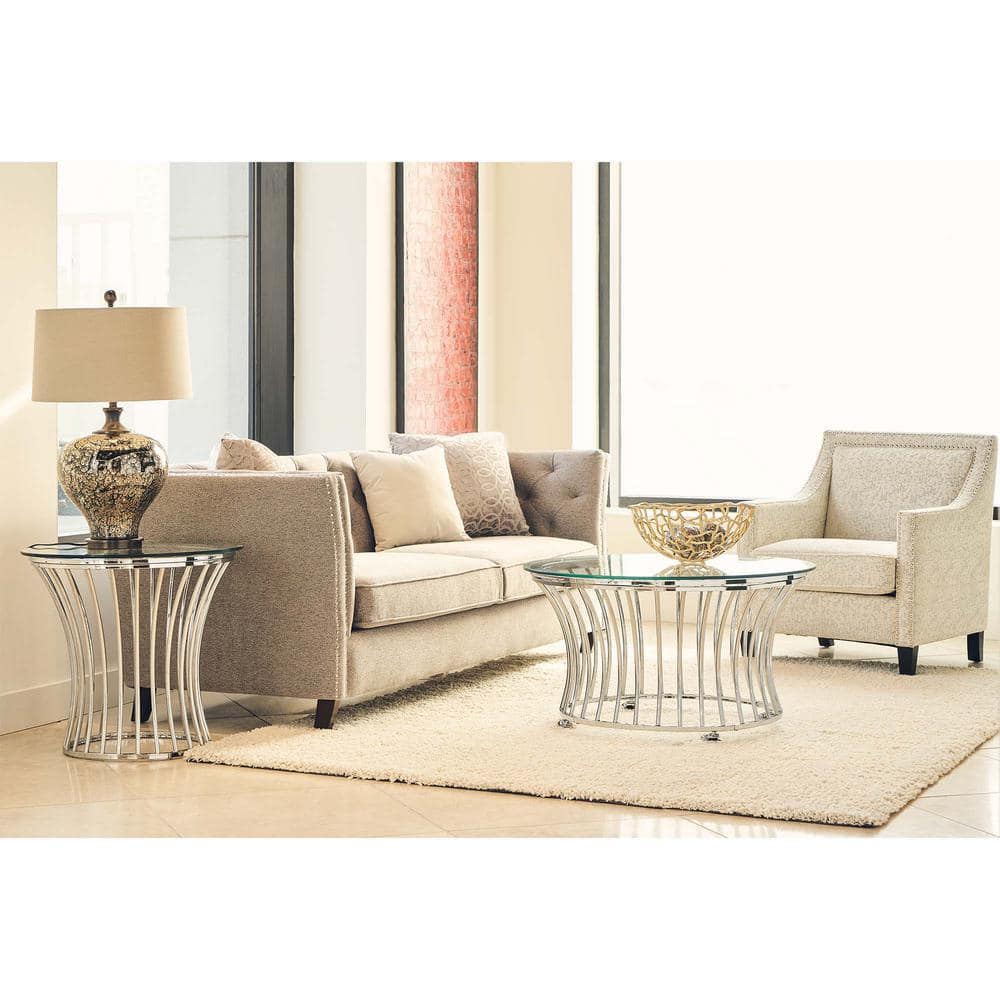 Chrome Round Metal and Glass End Table with Storage