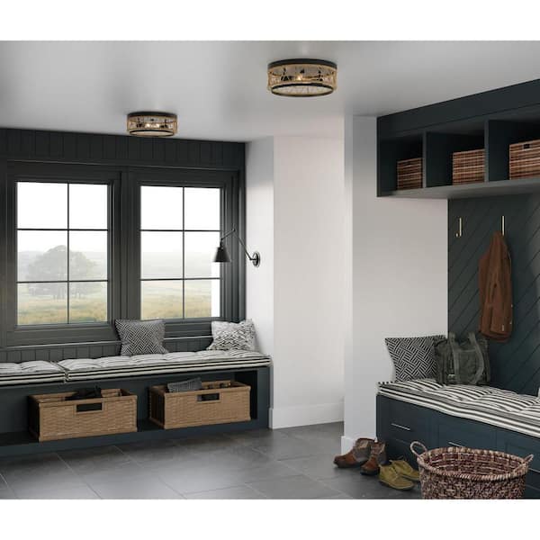 Progress Lighting Chandra Collection 12 in. 2-Light Matte Black Flush Mount with Woven Shade