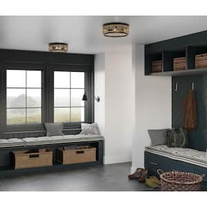 Chandra Collection 12 in. 2-Light Matte Black Flush Mount with Woven Shade