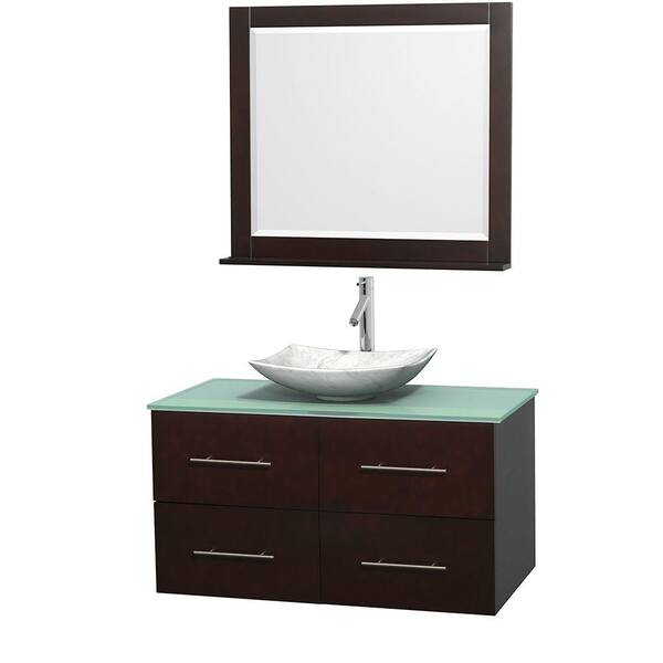 Wyndham Collection Centra 42 in. Vanity in Espresso with Glass Vanity Top in Green, Carrara White Marble Sink and 36 in. Mirror