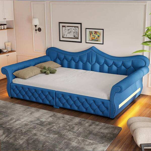 crown bed datype 青 Polibi Blue Queen Size Daybed with LED and Nail Head Decoration