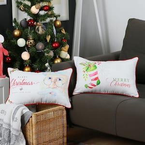 Christmas Themed Decorative Throw Pillow Lumbar 12 in. x 20 in. White and Red for Couch, Bedding (Set of 2)