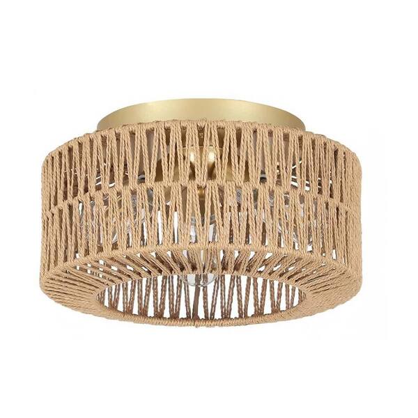 Jushua 11.8 in. W 3-Light Gold Boho Rattan Flush Mount Chandelier