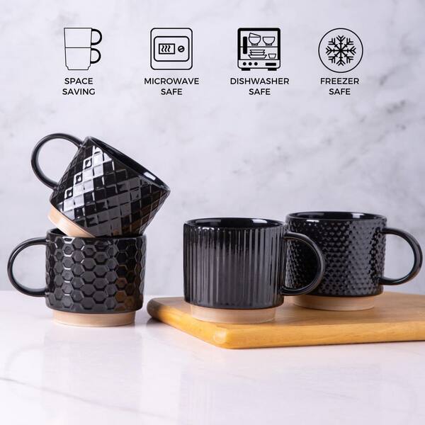 Numhew 12 oz. Neutral Stoneware Coffee Mugs with Texture Patterns (Set of 4), Microwave, Stackable Modern Drinkware, in Black