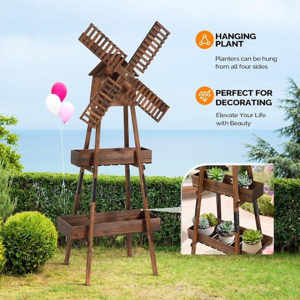 Karl home 60.8 in. H Wood Tan Garden Windmill with Planter and