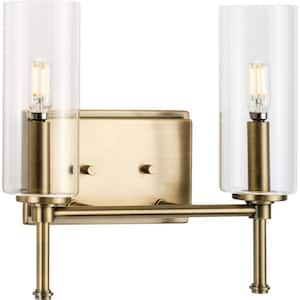 Elara 12.5 in. 2-Light Vintage Brass New Traditional Vanity Light with Clear Glass Shades