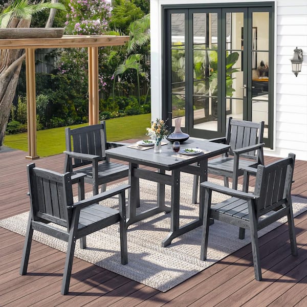 Gray 5-Piece HDPE Plastic Patio Outdoor Dining Set with Arm Chairs