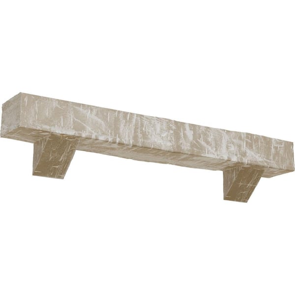 Ekena Millwork 6 in. x 8 in. x 4 ft. Hand Hewn Faux Wood Fireplace Mantel Kit, Breckinridge Corbels, Whitewashed