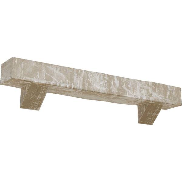 Ekena Millwork 8 in. x 12 in. x 4 ft. Hand Hewn Faux Wood Fireplace Mantel Kit, Breckinridge Corbels, White Washed