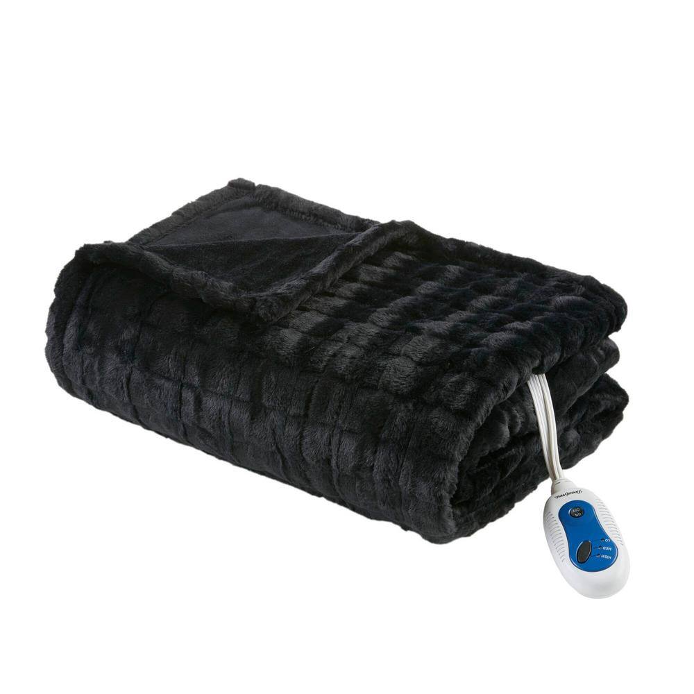 Oversized Black Faux Fur Electric Heated Throw Blanket