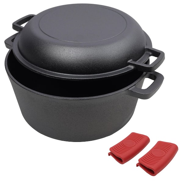 5-Quart Cast Iron Dutch Oven with Skillet Lid and 2 Silicone Handle Covers, 2 in 1 Outdoor Camping Cookware for Fire Pit