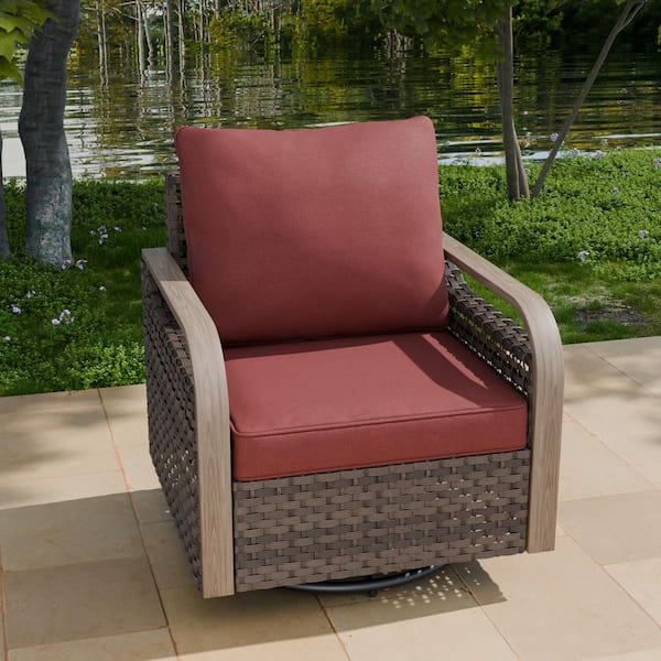 Brown Wicker Outdoor Rocking Chair Patio Swivel Chair with Red Cushions (1-Pack)